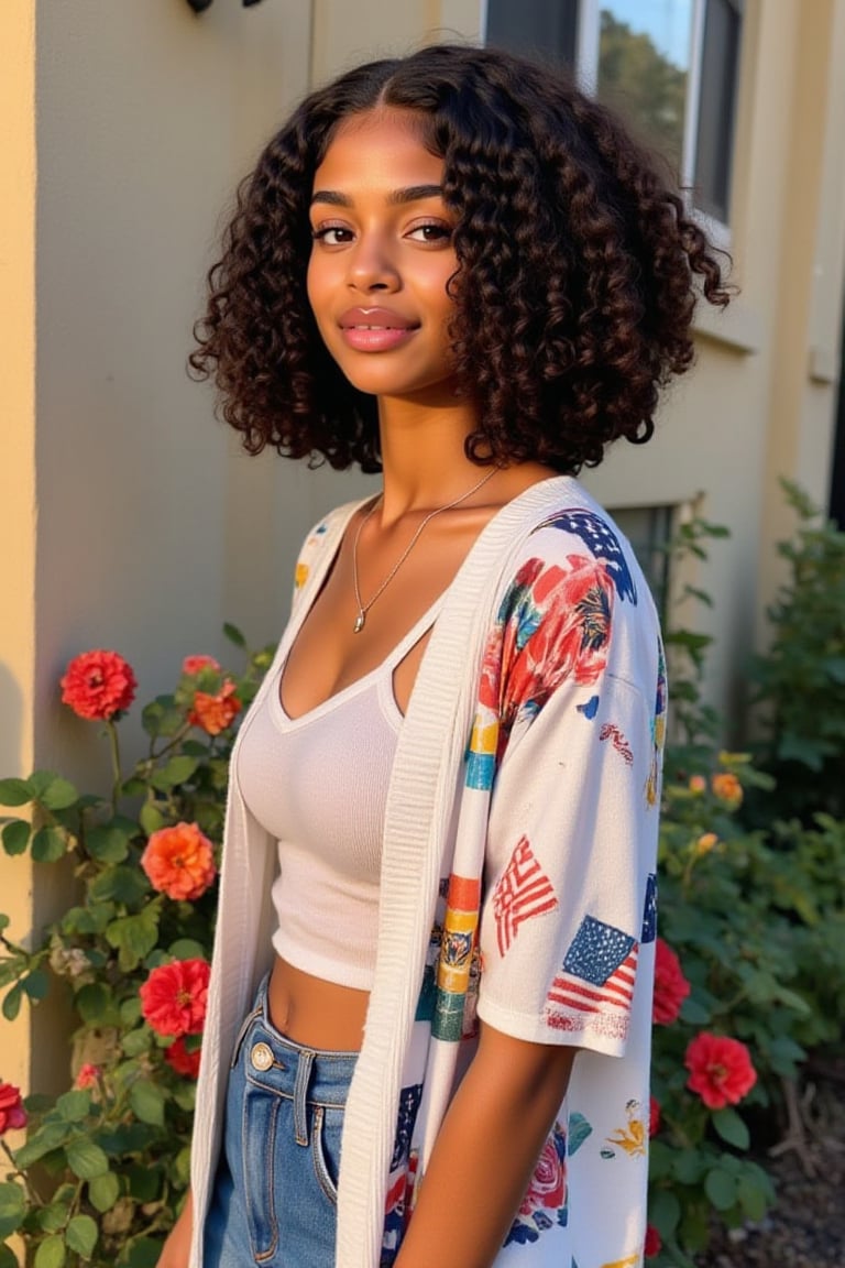 A 19-year-old melanated girl with puffy shoulder length type 4 curly hair indian brown skin mixed with puerto Rican and Cuban heritage, light brown, black American,

*Setting:* outside, by a wall of a house *Pose:* standing around flowers, roses *Expression:* smiling subtlety no teeth, grining *Outfit:* - a button down skirt with a white with USA flag, print kimono *Figure* -Average 5’3”, 120lbs

Natural lighting, no exposure