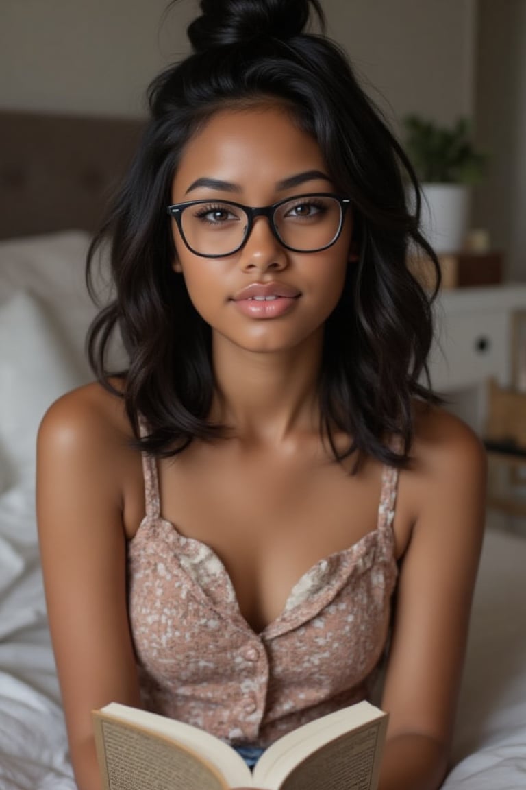 Create a breathtakingly realistic portrait of an 18-year-old mixed-heritage girl, blending South African and Japanese roots:

- Relaxing at home, in her  bedroom  reading a book
- Cinnamon, Mocha brown skin with subtle sheen
- Almond-shaped Asian eyes, full lips, small button nose, small petite nose, braces
- Structured cheekbones, feminine features

*Hair:*

- EXTRA LONG, WAIST-LENGTH DARK HAIR (below the waist)
- LUSH, CURLY LOCKS (tail bone length)
- LONG HAIR, LONG CURLS, FLOWING HAIR
Longer hair, in a pony tail, all hair in pony tail, no hair out

*Physique:*

- Petite, toned (5'3", 125 lbs, 34" waist)
- Proportionate, realistic body

*Outfit:*

- a cute girly pajamas  matching top and bottom

*Accessories:*

- *PRESCRIPTION GLASSES* (black square framed)
- Glasses, specs, eyewear (emphasize)

*Makeup and Pose:*

- Minimal makeup, natural glow
- Confident pose, bright smile, pearly white teeth

*Essence:*

- American girl, mixed race, beautiful blend
- Captivate her relaxed, introvert, care free, home body

*Quality:*

- Realistic, photo-real, photo-realistic, real-life
- High-resolution, ultra-detailed, photorealistic textures
- Razor-sharp edges, crystal-clear facial features, 

Square Shaped prescription glasses on all generates

Why is it so hard for you to make her hair long? Long hair please