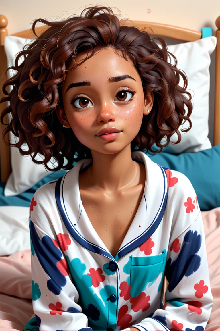 Clean Cartoon-brushstrokes Painting, crisp, simple, colored_lineart_illustration style, 1 woman, (21 years old), real, realistic, realism, melanated female, brown skin, dark skin, cinnamon brown skin, type 4 hair, dark brown hair, curly hair, realism, waking up, in bed, bed hair, morning, tired, beautiful, quirky, dimples, feminine, soft, facial freckles, whimsical, happy, young, vibrant, adorable, pajamas, slender/petite body shape, normal size head, head that fits body, high quality, masterpiece ,3D