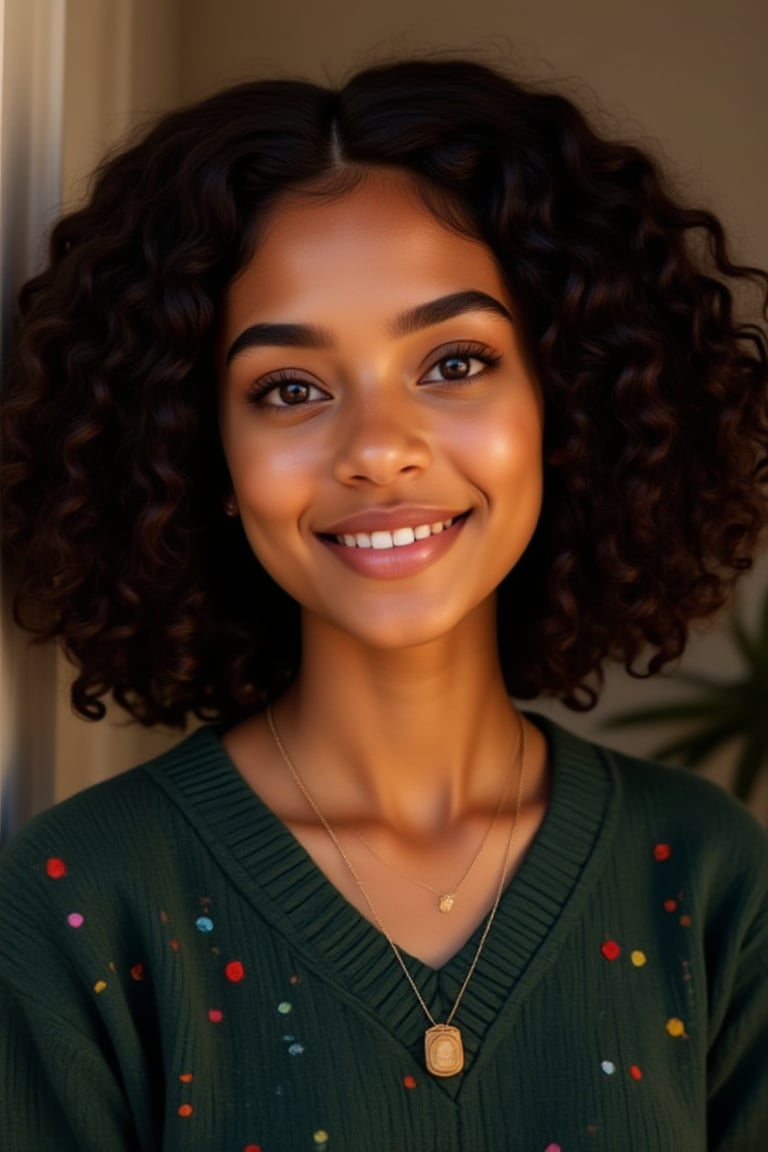 A 19-year-old melanated girl with puffy shoulder length type 4 curly hair indian brown skin mixed with puerto Rican and Cuban heritage, light brown, black American,

Neutral Expression:* "Capture a serene, symmetrical portrait of a person: - Face filling the frame - Soft, natural light - Neutral expression - Eyes looking directly at the camera - Subtle, relaxed smile" -Necklace -Subtle smile - A dark green knitted sweater with colorful confetti

Natural lighting, no exposure