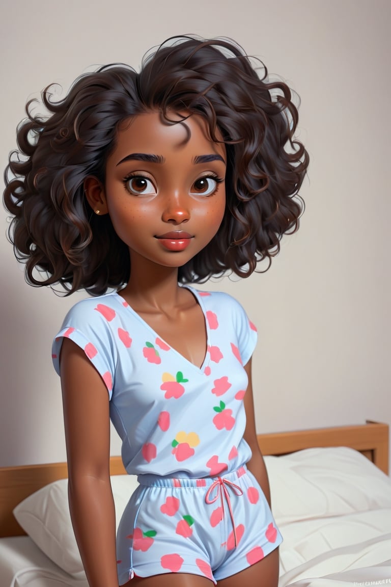 Clean Cartoon-brushstrokes Painting, crisp, simple, colored_lineart_illustration style, 1 woman, (21 years old), melanated female, brown skin, dark skin, type 4 hair, curly hair, realism, waking up, in bed, bed hair, morning, tired, beautiful, quirky, dimples, feminine, soft, freckles, whimsical, happy, young, vibrant, adorable, pajamas, ponytail, slender/petite body shape, normal size head, head that fits body, high quality, masterpiece ,3D