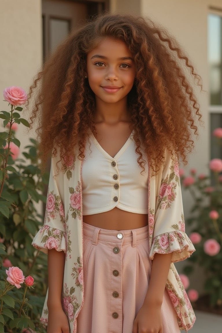 Capture a candid photo of a stunning 18-year-old girl, year-old petite teenager, young, youth, child, kid, blending Black and Spanish heritage. She has fluffy curly brown hair, Type 4 hair, lush and vibrant, long curly hair, middle part. 
*Setting:* outside, by a wall of a house 
*Pose:* standing around flowers, roses
*Expression:* smiling subtlety no teeth, grining 
*Outfit:* - a button down skirt with a koala print kimono
*Figure* -Average 5’3”, 120lbs