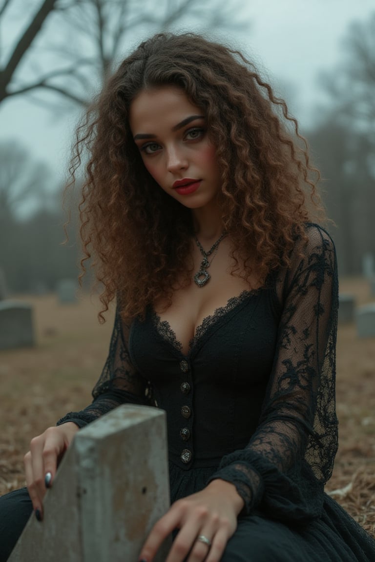 "Capture a candid photo of a stunning 18-year-old girl, year-old petite teenager, young, youth, child, kid, blending Black and Spanish heritage. She has fluffy curly brown hair, Type 4 hair, lush and vibrant, long curly hair, middle part.

In the depths of a forsaken, rural cemetery, a mysterious young vampire girl with raven-black hair and piercing, crimson-rimmed eyes sits atop a weathered tombstone, her slender fingers tracing the epitaph of a long-forgotten soul. Adorned in a tattered, black Victorian dress that falls above her knees, she gazes down at the freshly disturbed earth before her, where a withered hand breaks through the soil, as if summoned by her dark presence. The overcast sky casts an eerie, silver glow upon her porcelain skin, illuminating the intricate, gothic lace that adorns her neck and wrists. A subtle, mischievous smile plays on her lips as she contemplates the ancient power stirring beneath her. The air is heavy with the scent of damp earth and decay, and the trees seem to lean in, as if witnessing the awakening of a centuries-old evil."