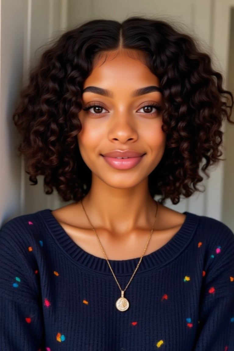 A 19-year-old melanated girl with puffy shoulder length type 4 curly hair indian brown skin mixed with puerto Rican and Cuban heritage, light brown, black American,

Neutral Expression:* "Capture a serene, symmetrical portrait of a person: - Face filling the frame - Soft, natural light - Neutral expression - Eyes looking directly at the camera - Subtle, relaxed smile" -Necklace -Subtle smile - A navy blue knitted sweater with colorful confetti

Natural lighting, no exposure