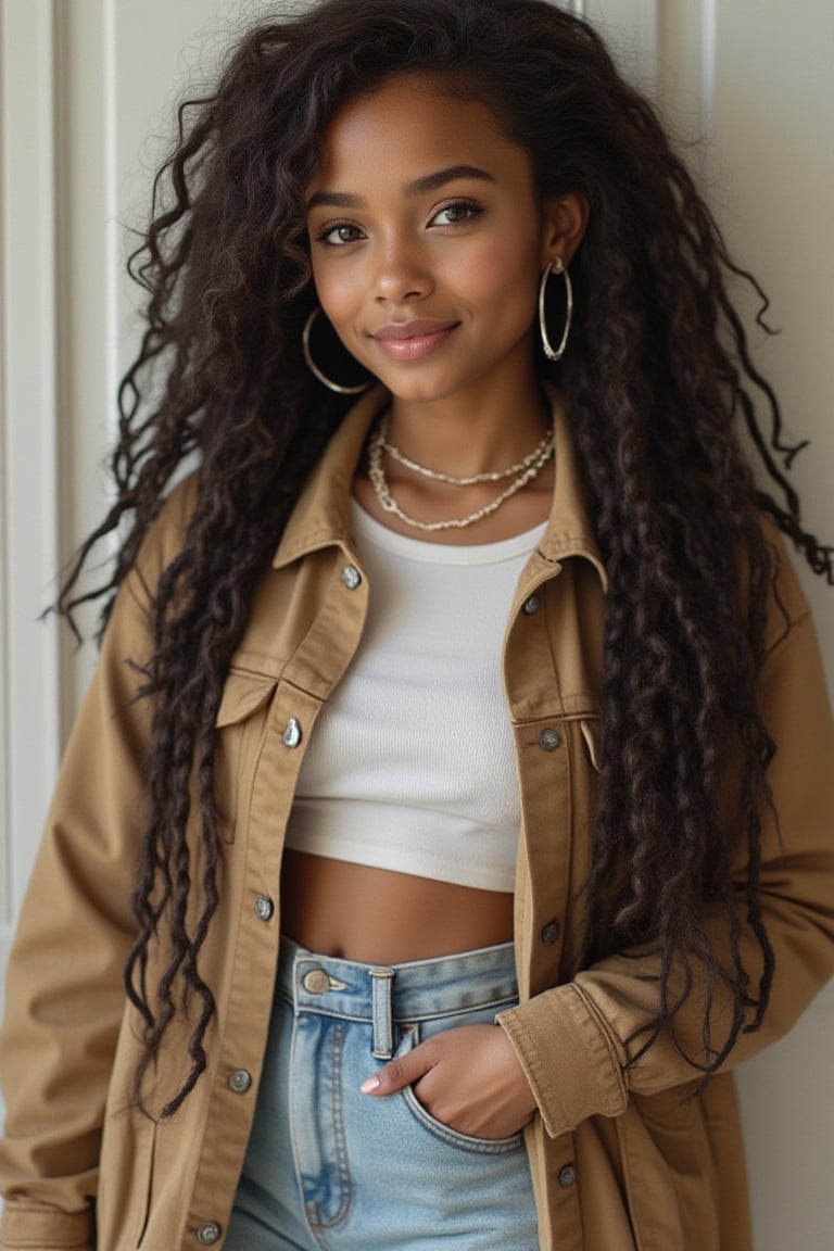 2 thick, dense braids,
Brown eyes shining, small button nose, small full lips
confident and bright
Petite, curvy, cool-girl stride
White shirt, jacket and loose jeans, denim, Levi,
Straight face, smiling with eyes,
Private citizen, beautiful form
Inspired by nyc female rapper boog the bandit
Light skin