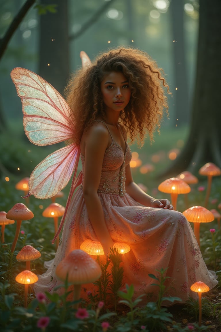 Capture a candid photo of a stunning 18-year-old girl, year-old petite teenager, young, youth, child, kid, blending Black and Spanish heritage. Golden brown skin. She has fluffy curly brown hair, Type 4 hair, lush and vibrant, long curly hair, middle part

A delicate, moonlit fairy perches on a glowing mushroom, amidst an enchanted forest. Her iridescent wings shimmer softly, reflecting hues of lavender, blue, and green. Her porcelain skin glows with an ethereal light, illuminated by fireflies dancing around her.

Attire:

- Intricate, flower-petal dress, with delicate vines and sparkling dew
- Slender, gemstone-encrusted circlet around her forehead
- Hair flowing like honey-gold silk, with subtle, shimmering highlights

Setting:

- Whispering woods, with ancient trees, twinkling fireflies, and misty shadows
- Glowing mushrooms and soft, luminescent flowers surround her
- Hidden pathway behind her, winding into the mystical forest

Intricate details:

- Delicate, sparkling dust trails her movements
- Tiny, shimmering creatures (e.g., sprites, pixies) flit around her
- Ancient, gnarled tree roots form a natural throne beneath her

Artistic style:

- Inspired by fantasy, mythology, and whimsical illustration
- Hyperrealistic, ultra-detailed, and luminous, with subtle texture
- Cinematic quality, sharp focus, and crystal clarity

Mood:

- Enchanting, mystical, and dreamy, with a touch of wonder