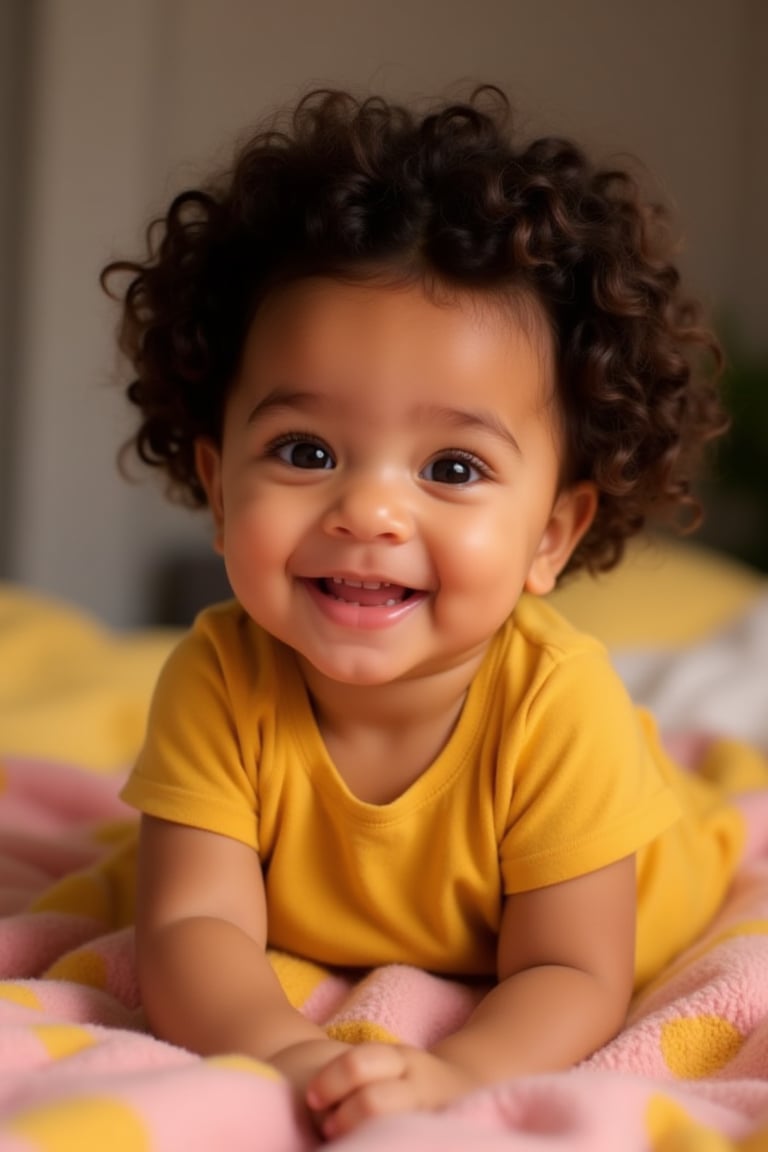 A baby melanated girl with curly hair, baby soft hair, short baby hair, indian brown skin mixed with puerto Rican and Cuban heritage, light brown, black American,

At home in the living room on a baby pink and yellow blanket
*Baby's Face:*
Adorable round
Bright curious eyes
Button nose
Plump rosy cheeks
Sweet gentle smile

*Baby's Personality:*
Curious adventurous
Giggly playful
Snuggly affectionate
Happy energetic

*Baby's Features:*
Soft curly hair
Chubby little hands
Tiny feet