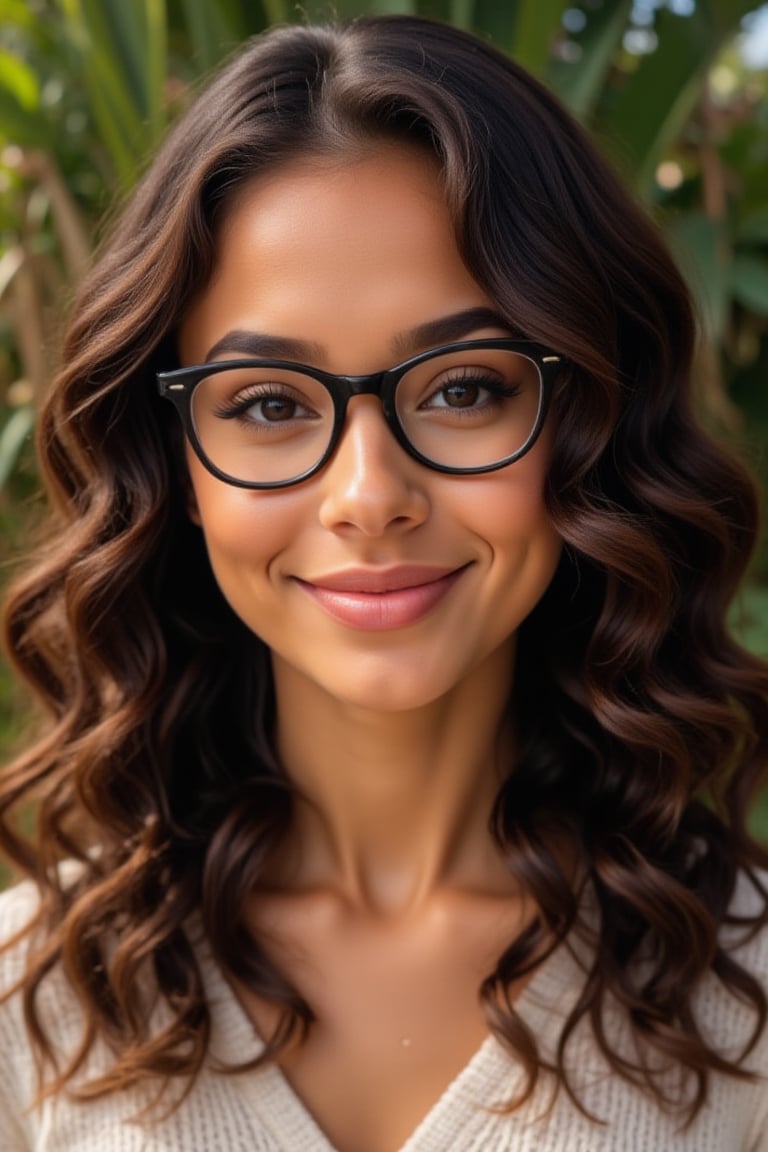 Generate an image of a stunning 18-year-old woman, blending Dominican and Spanish, puerto Rican heritage. She has wild Shirley temple curls, type 3 hair, side part, lush and vibrant, falling in loose waves down her back, wears glasses

*Neutral Expression:*

"Capture a serene, symmetrical portrait of a person:

- Face filling the frame
- Soft, natural light
- Neutral expression
- Eyes looking directly at the camera, black frame prescription glasses
- Subtle, relaxed smile"