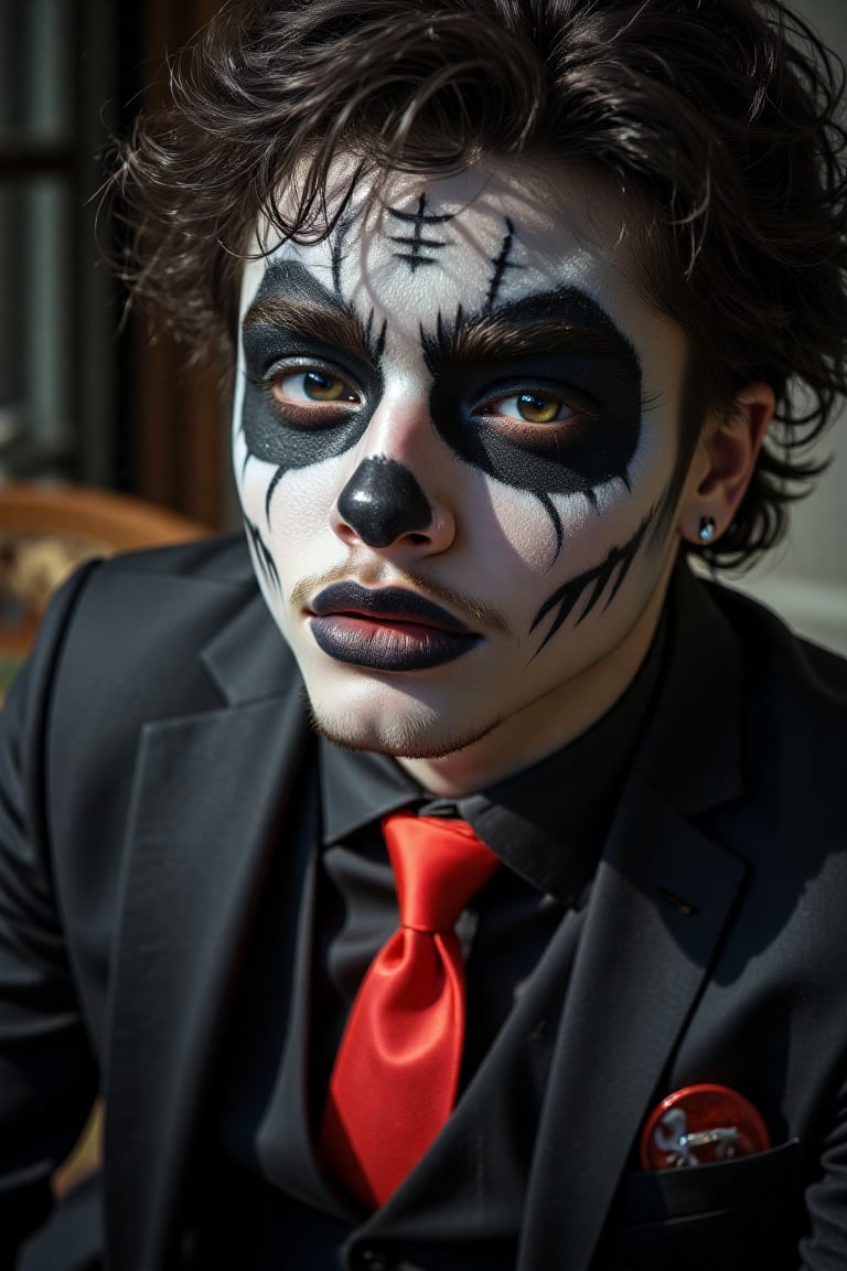 a close-up of a spanish American male, white sclera, natural curly hair, brown/black hair, light brown eyes, hazel eyes, skull makeup, black lipstick, muscular, toned male, abs, nose and eye brow piercing, black suit, red tie, horror_theme, posing, outdoors, night, scenery, a photorealistic, 8K, ultra-detailed, best quality, super fine illustration, detailed light, realistic lighting, symmetrical face paint, white and black,Handsome,Amari,mixed race,Spanish,full lips handsomeAmari