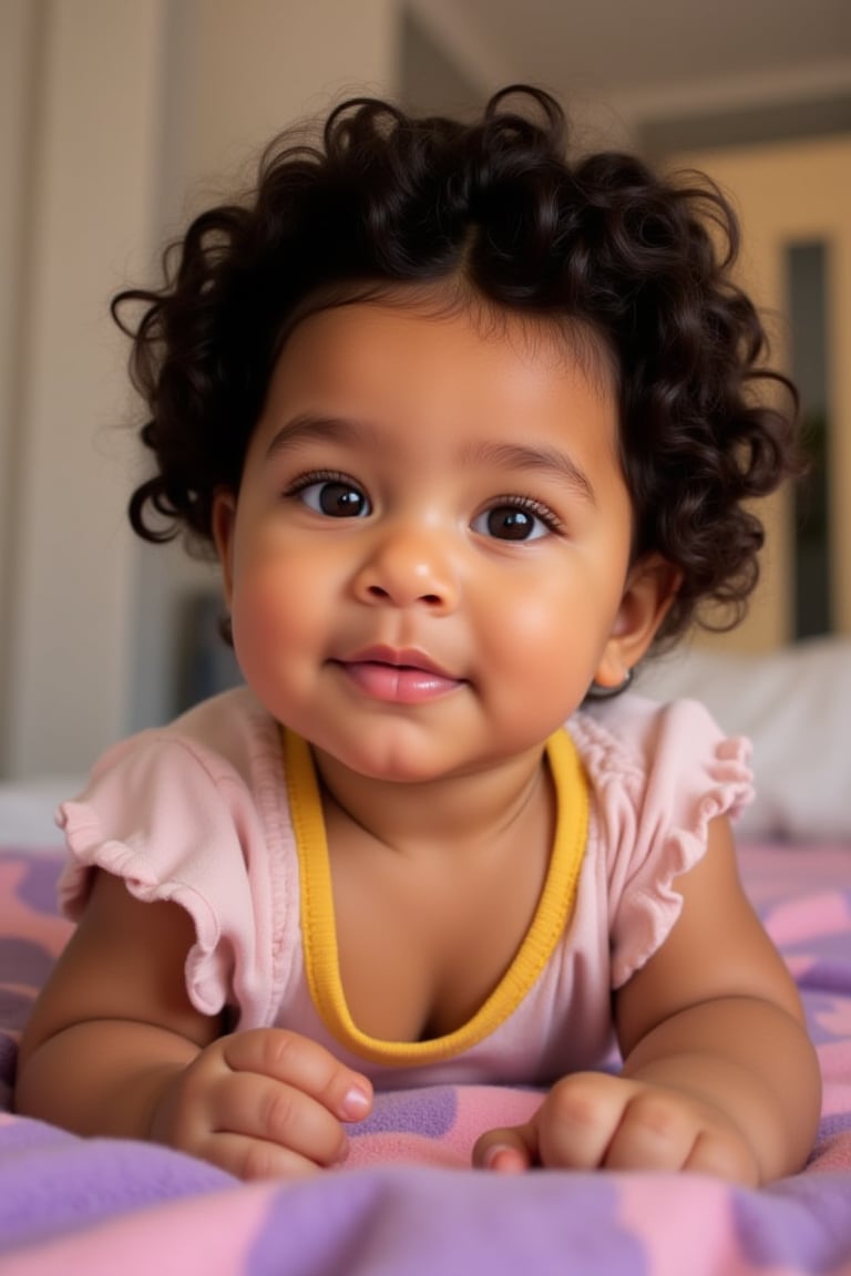 A baby melanated girl with curly hair, baby soft hair, short baby hair, indian brown skin mixed with puerto Rican and Cuban heritage, light brown, black American,

At home in the kitchen on a baby pink and purple blanket in her crib

*Baby's Face:*
Adorable round
Bright curious eyes
Button nose
Plump rosy cheeks
Sweet gentle smile

*Baby's Personality:*
Curious adventurous
Giggly playful
Snuggly affectionate
Happy energetic

*Baby's Features:*
Soft curly hair
Chubby little hands
Tiny feet