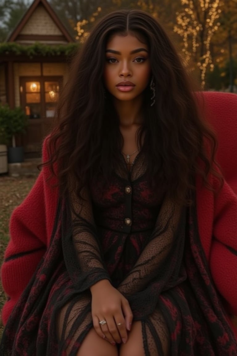 Capture Generate an image of a stunning 18-year-old woman, blending South african and Japanese heritage. She has long straight/wavy hair, resembles a blowout, lush and vibrant, falling in loose waves down her back Halloween hot Witch Prompt: Embodying the spirit of a modern, edgy witch, sweet nice witch for Halloween. Wearing red and black. casts a spell of allure at a mystical, autumnal setting, pumpkins, holiday white lights and Halloween theme. Clad in a flowy black dress witch costume with subtle lace details, chunky boots, and statement witchy accessories. Her afro curls are adorned with subtle, glittering silver threads, while bold, smoky eyes and dark lip color add to her enchanting gaze. A sprinkle of freckles across her cheeks and nose adds a touch of whimsy. Pose inspirations: - Gazing into a glowing crystal ball - standing atop a mystical, ancient tome - Conjuring magic with a wand Style influences: - Dark, moody aesthetics with pops of autumnal color - Witchy, mystical symbols and textures - Edgy, avant-garde fashion with a touch of elegance. *Figure* -Average 5’3”, 115lbs