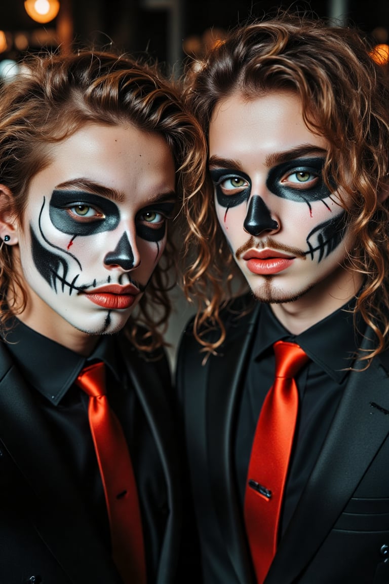 a close-up of two twin American males, white sclera, natural blonde curly curly hair, blonde hair, green eyes, emerald green eyes, skull makeup, black lipstick, muscular, toned males, abs, nose and eye brow piercing, black suit, red tie, horror_theme, posing, outdoors, night, scenery, a photorealistic, 8K, ultra-detailed, best quality, super fine illustration, detailed light, realistic lighting, symmetrical face paint, white and black,Handsome,smiling, mid long hair blonde,giaro,model, twins, two guys, standing near one another, not touching, two normal dude, two heterosexual men