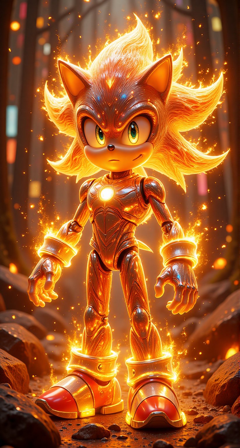 Sonic burning with fire,glowing,bright,luminous skin,glowing brightly,warm light,radiant,soft,glowing skin and vibrant, luminous features,glowing visual effects,glowing particles,neon