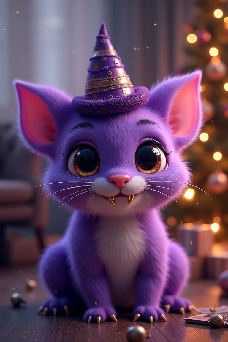 a lovely cute purple animal, big eyes, golden fangs sticking out of his mouth, on his head is a hat in the form of a cylinder, with a purple canticle around. He is sitting on a chair in a large room, next to the chair there are many gold ornaments, New Year's toys,glowing,bright,luminous skin,glowing brightly,warm light,radiant,soft,glowing skin and vibrant, luminous features,glowing visual effects,glowing particles