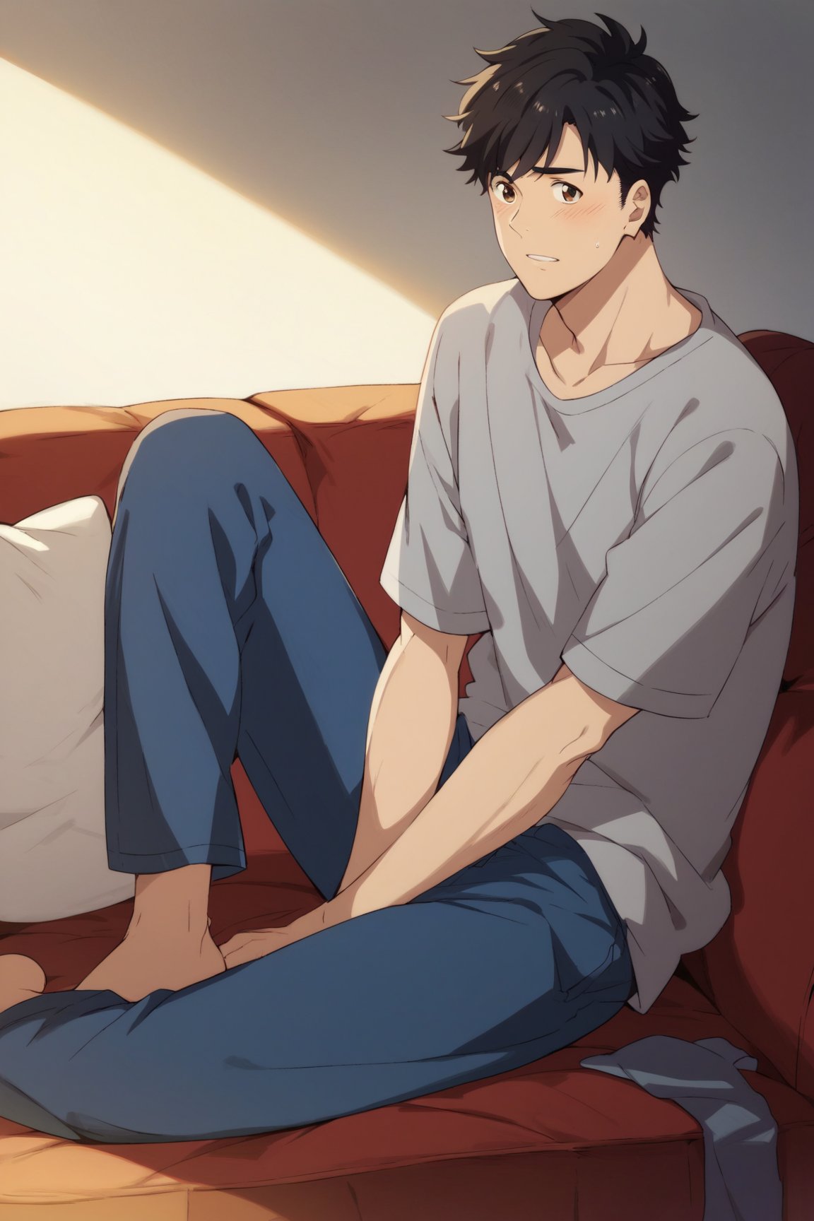 score_9, score_8_up, score_7_up, masterpiece, best quality, best aesthetic, perfect anatomy, perfect proportions, high_resolution, uncensored, 1 boy, solo, male focus, full body, eiji okumura, black hair, brown eyes, grey shirt, blue pants, on sofa,