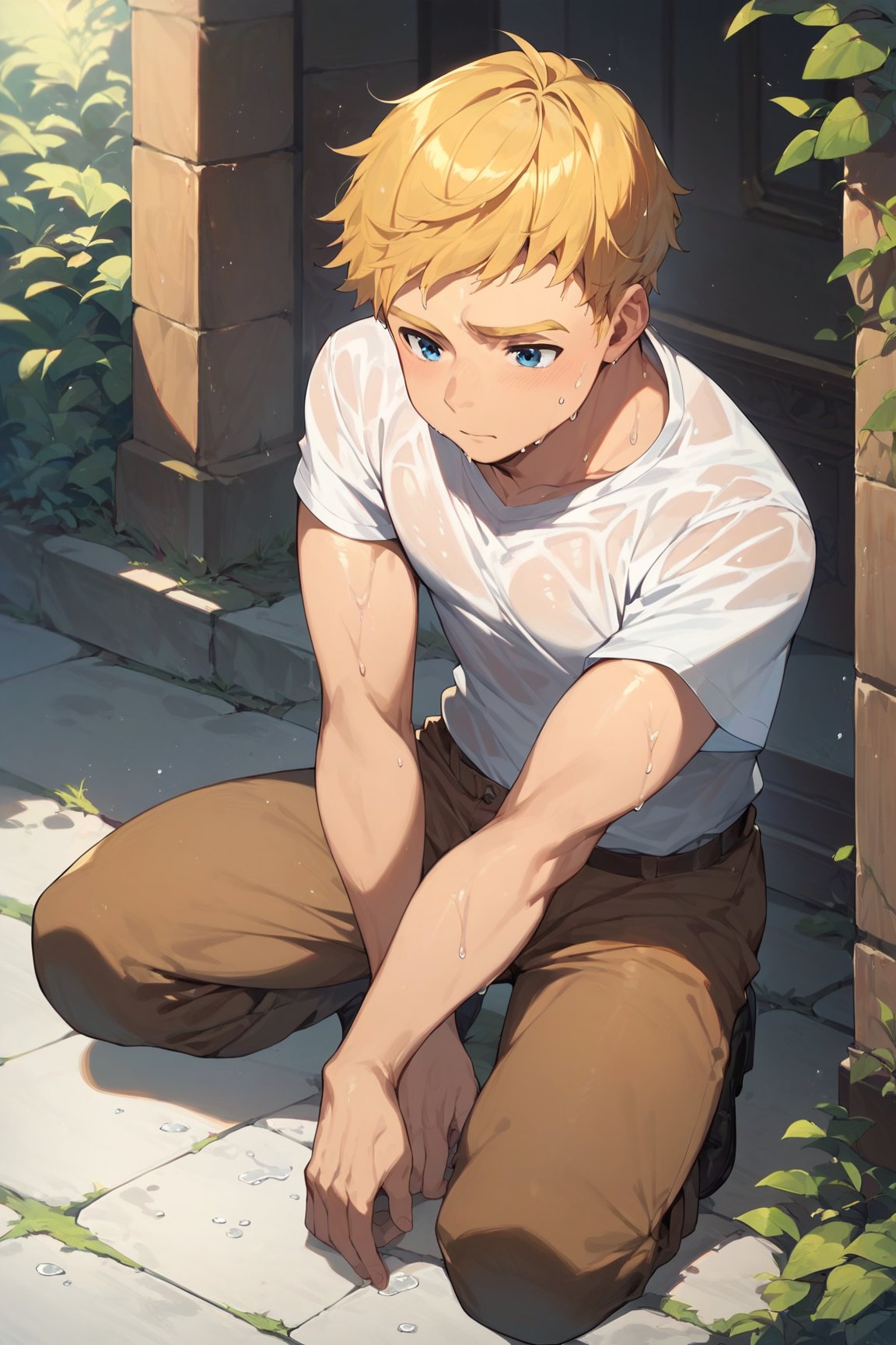 score_9, score_8_up, score_7_up, cute, masterpiece, best quality, best aesthetic, 1boy, male focus, full_body ,climb, blonde hair, blue eyes, short-hair, white_shirt, brown pants, sword on ground, wet shirt, sweating, tired,