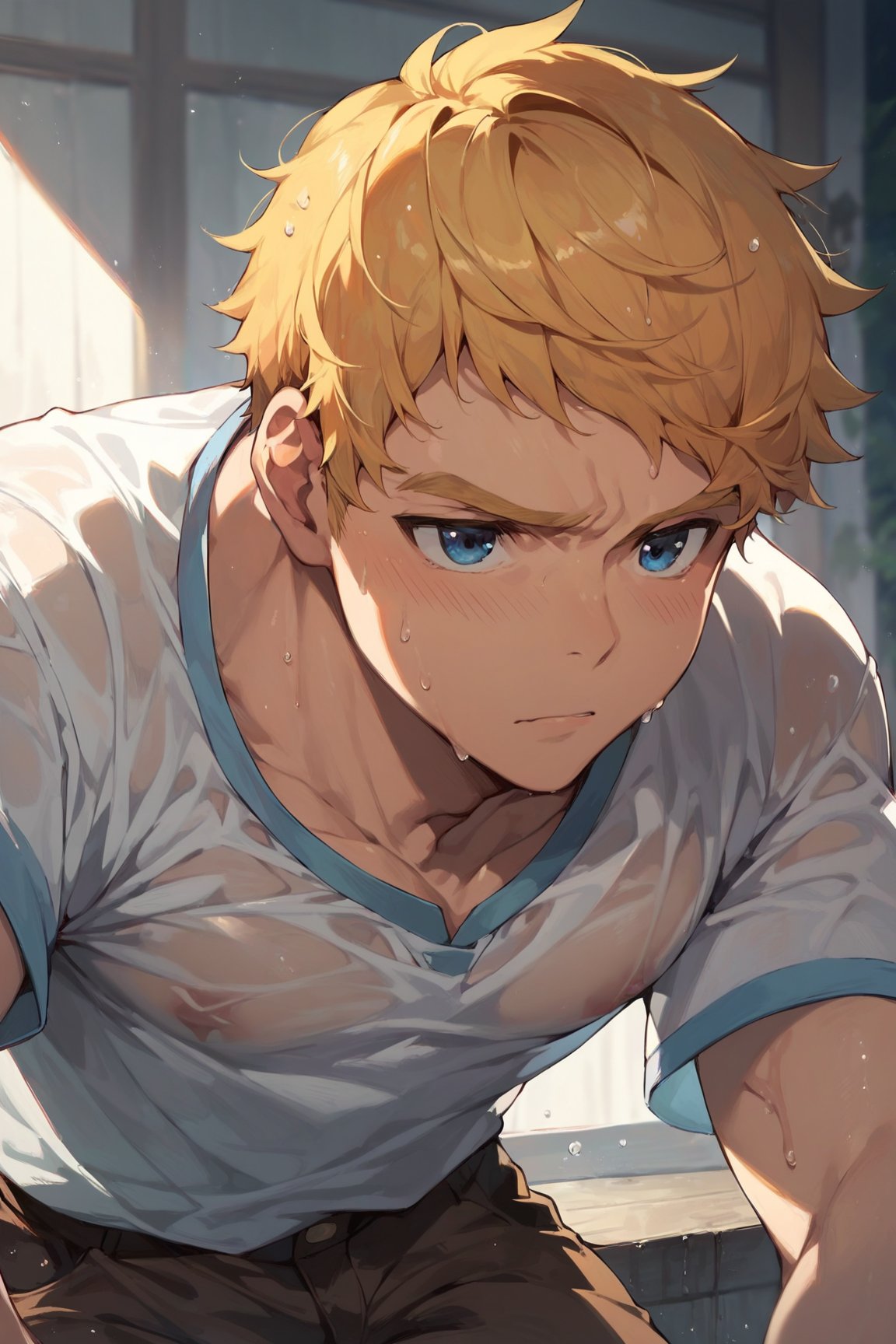 score_9, score_8_up, score_7_up, cute, masterpiece, best quality, best aesthetic, 1boy, male focus, portrait ,climb, blonde hair, blue eyes, short-hair, white_shirt, brown pants, wet shirt, sweating, tired,