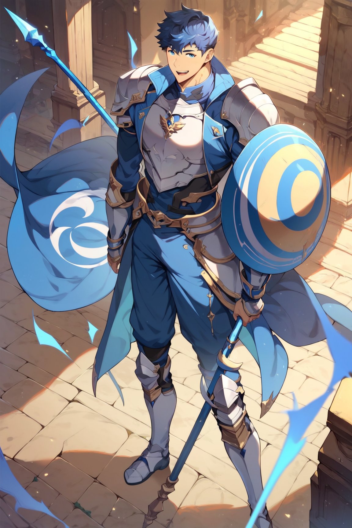 score_9, score_8_up, score_7_up, cute, masterpiece, best quality, best aesthetic, 1boy, male focus, full_body, perfect anatomy, perfect proportions, high_resolution, seomoonyeob, blue hair, blue eyes, armor, strive, holding shield, holding polearm,
