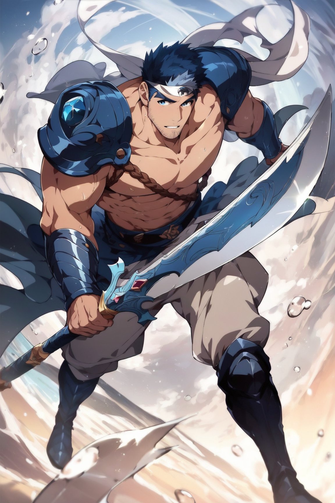 score_9, score_8_up, score_7_up, masterpiece, best quality, best aesthetic, perfect anatomy, perfect proportions, bara, high_resolution, uncensored, 1boy, solo, male focus, full_body, cayman, facial hair, blue hair, blue eyes, holding_sword