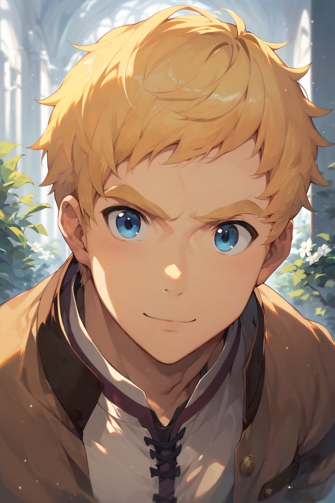 score_9, score_8_up, score_7_up, cute, masterpiece, best quality, best aesthetic, 1boy, male focus, portrait ,climb, blonde hair, blue eyes, short-hair, brown jacket, white_shirt, brown pants, Eyes