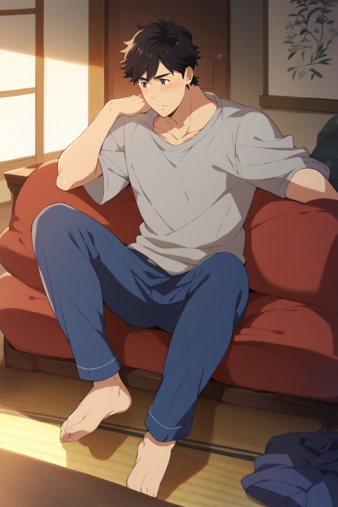 score_9, score_8_up, score_7_up, masterpiece, best quality, best aesthetic, perfect anatomy, perfect proportions, high_resolution, uncensored, 1 boy, solo, male focus, full body, eiji okumura, black hair, brown eyes, grey shirt, blue pants, on sofa, japanise house,