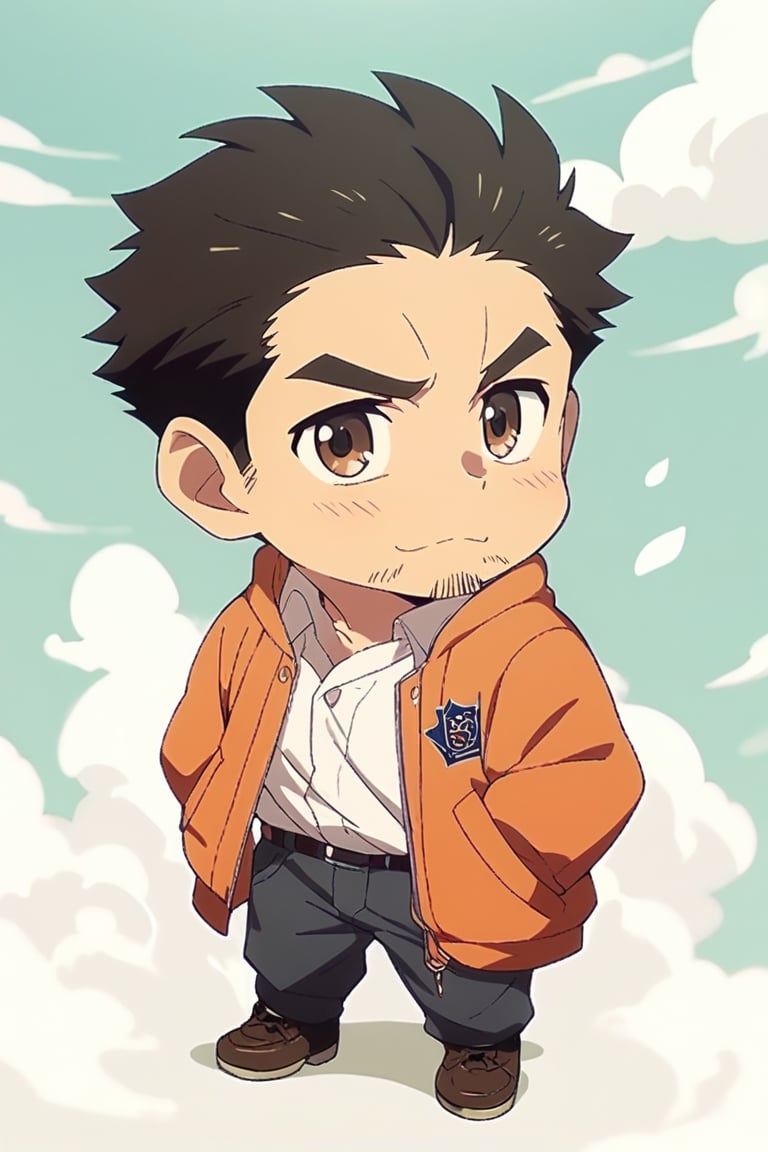 score_9, score_8_up, score_7_up, cute, masterpiece, best quality, best aesthetic,  1boy, solo, male focus, chibi, chibi style, katsuhirotakei, black hair, brown eyes, facial hair, full_body, baseball_suit