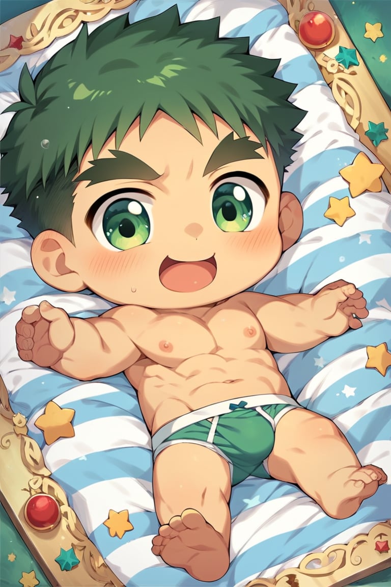 score_8_up, score_7_up, cute, masterpiece, best quality, best aesthetic, 1boy, solo, male focus, chibi, chibi style, full_body, akatsukiiwao, short_hair, thick eyebrows, green eyes, dark green hair, only underwear, ashamed, laying