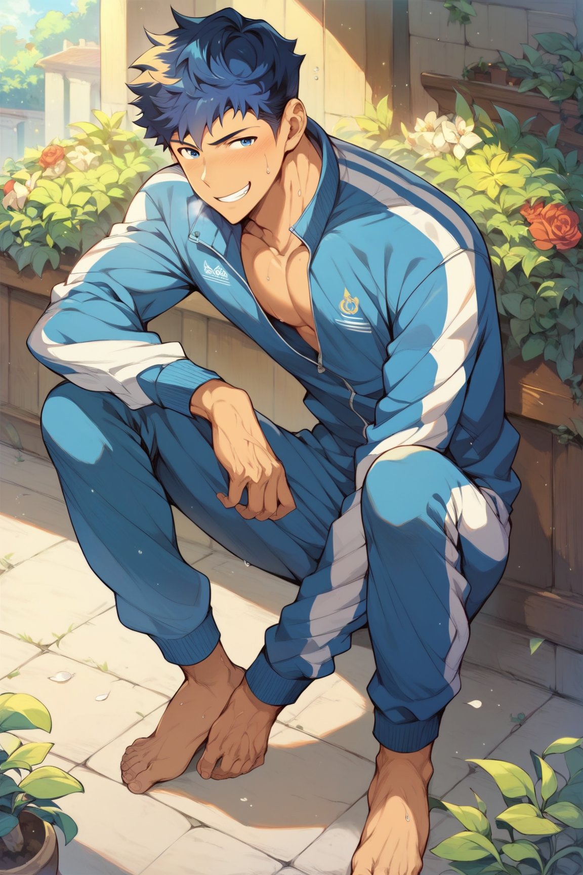 score_9, score_8_up, score_7_up, cute, masterpiece, best quality, best aesthetic, 1boy, male focus, full_body, perfect anatomy, perfect proportions, high_resolution, seomoonyeob, blue hair, blue eyes, smirk, sweat, tracksuit, open jacket, barefoot, training on garden