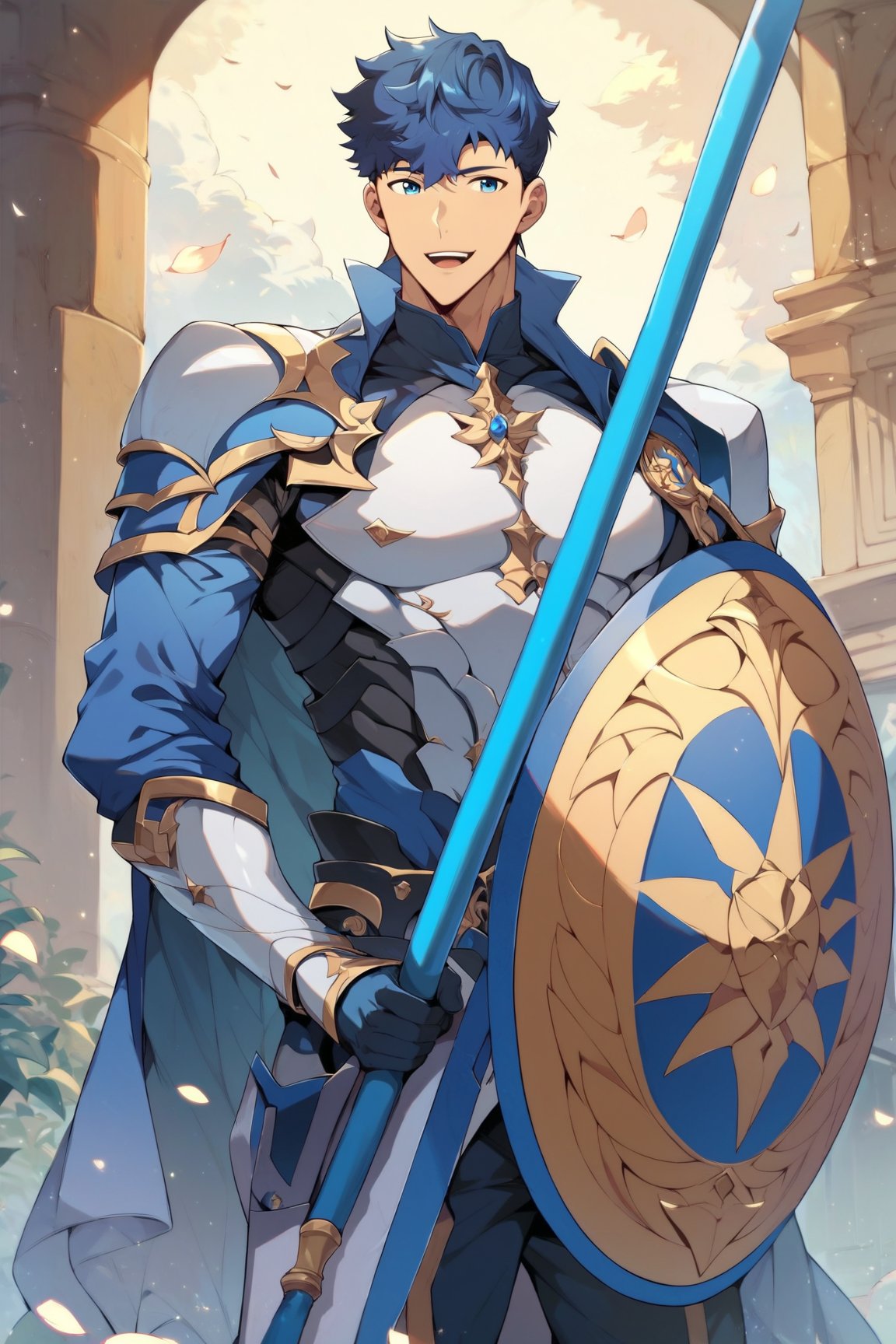 score_9, score_8_up, score_7_up, cute, masterpiece, best quality, best aesthetic, 1boy, male focus, full_body, perfect anatomy, perfect proportions, high_resolution, seomoonyeob, blue hair, blue eyes, armor, strive, holding shield, holding polearm,
