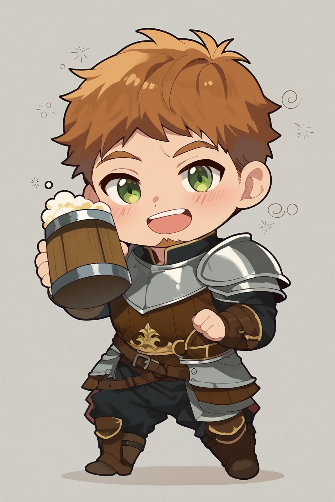 score_9, score_8_up, score_7_up, cute, masterpiece, best quality, best aesthetic,  1boy, solo, male focus, chibi, chibi style, full_body, hebaron, hebaron, facial_hair, armor, orange_hair, beard, shirt, black_pants, green_eyes, beer, drunk