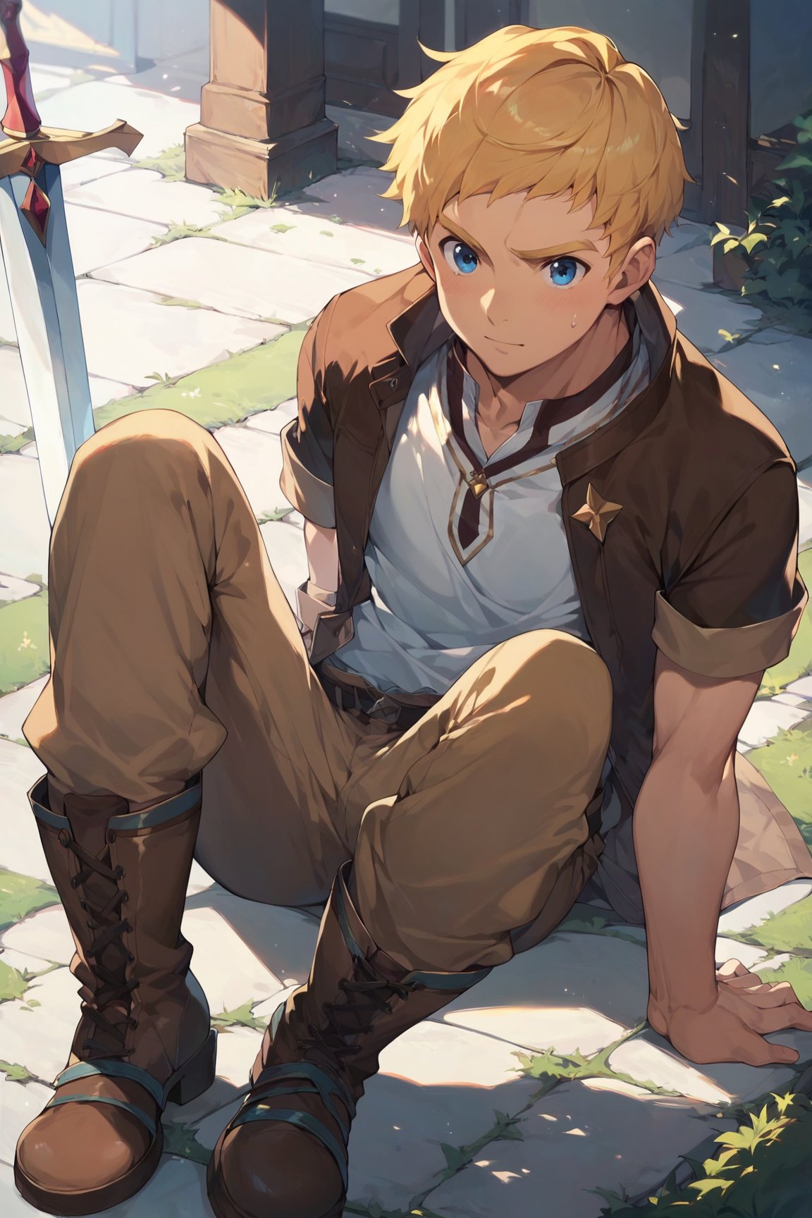 score_9, score_8_up, score_7_up, cute, masterpiece, best quality, best aesthetic, 1boy, male focus, full_body ,climb, blonde hair, blue eyes, short-hair, brown jacket, white_shirt, brown pants, boots, sword on ground, 