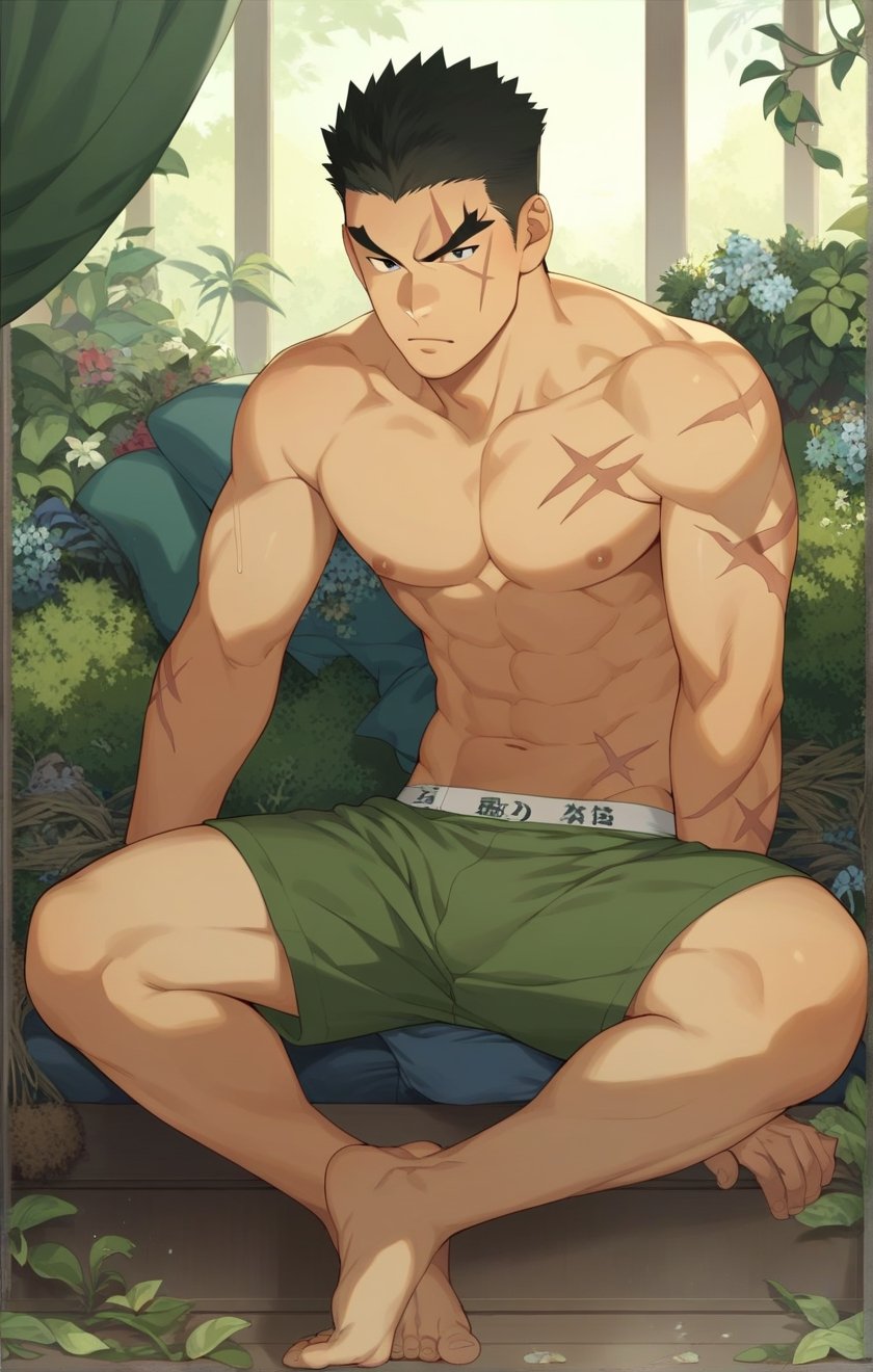 score_9, score_8_up, score_7_up, masterpiece, best quality, best aesthetic, 30 years old, solo, male focus, black hair, black eyes, full_body, akatsukiiwao, short_hair, thick eyebrows, scar on face, only underwear, boxer_shorts, scar on right eyebrow