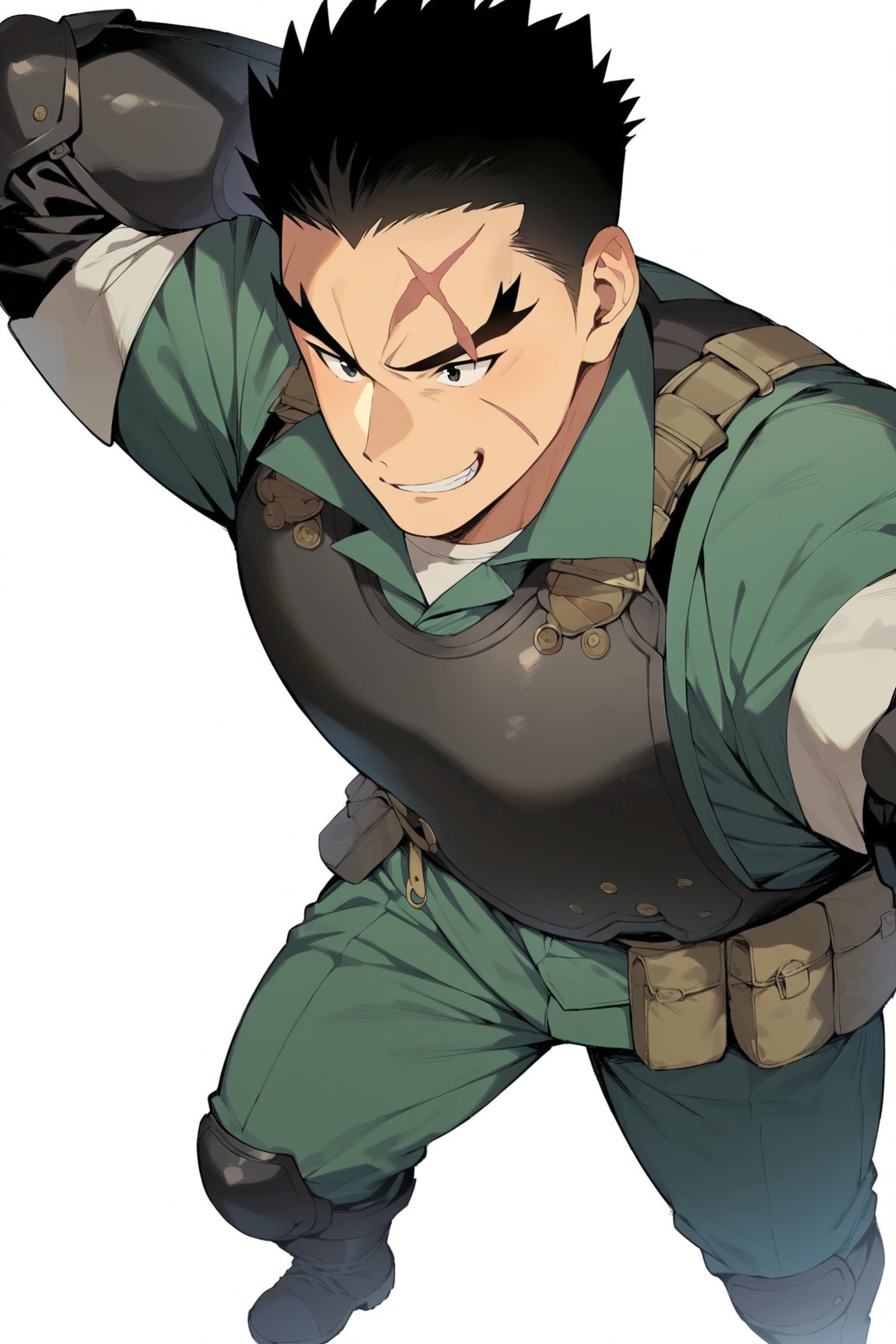 score_9, score_8_up, score_7_up, cute, masterpiece, best quality, best aesthetic, 1boy, male focus, full_body, akatsukiiwao, black hair, short_hair, black eyes, thick eyebrows, armor, black vest, black boots, black gauntlets, scar on face, assault_rifle