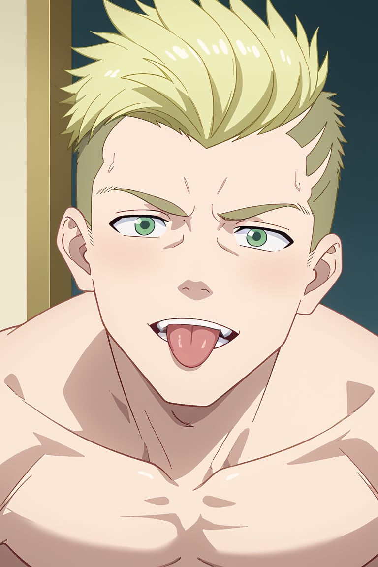 A masterpiece of a portrait! A muscular young man with short,  blonde hair and an undercut,  flaunts his perfect anatomy a...
