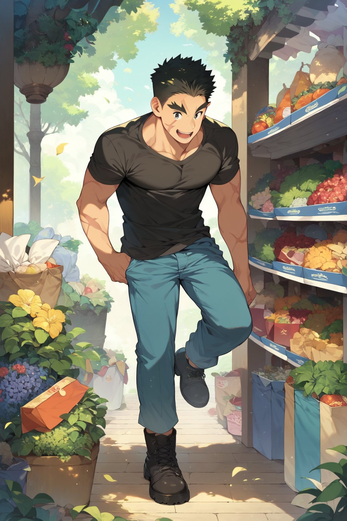 score_9, score_8_up, score_7_up, cute, masterpiece, best quality, best aesthetic, 1boy, male focus, full_body, akatsukiiwao, black hair, short_hair, black eyes, thick eyebrows, scar on face, black shirt, blue pants, boots, shopping 