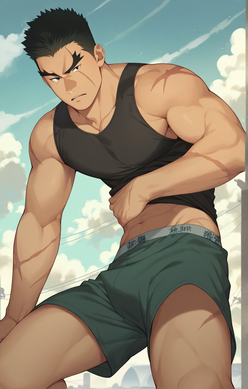 score_9, score_8_up, score_7_up, masterpiece, best quality, best aesthetic, 30 years old, solo, male focus, black hair, black eyes, full_body, akatsukiiwao, short_hair, thick eyebrows, scar on face, only underwear, boxer_shorts, scar on right eyebrow