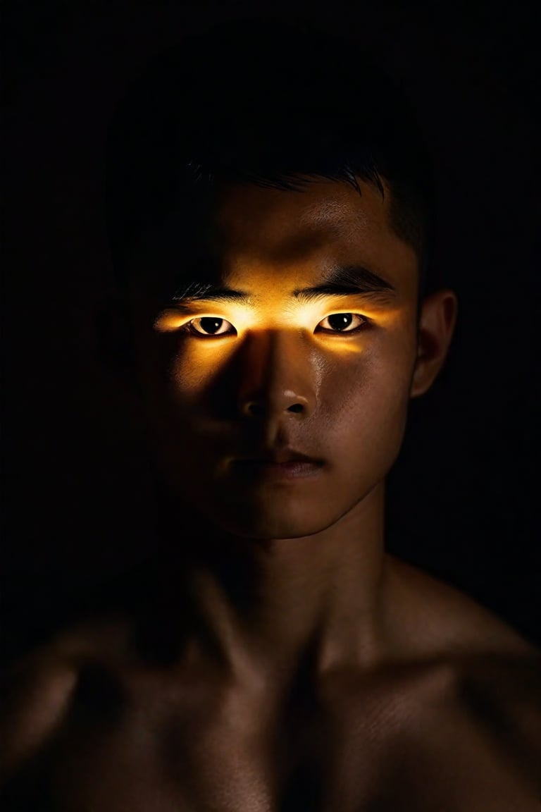 A mysterious Japanese muscular boy with short hair gazes softly into the camera lens, his features illuminated by a subtle golden glow against a deep black background. His slender figure is framed by the darkness, his eyes and skin tones standing out in striking contrast.