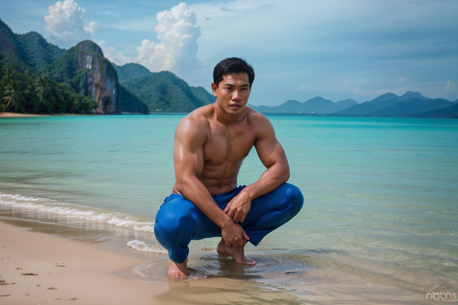 Realistic photography , Handsome Thai Men , Squatting in the sea