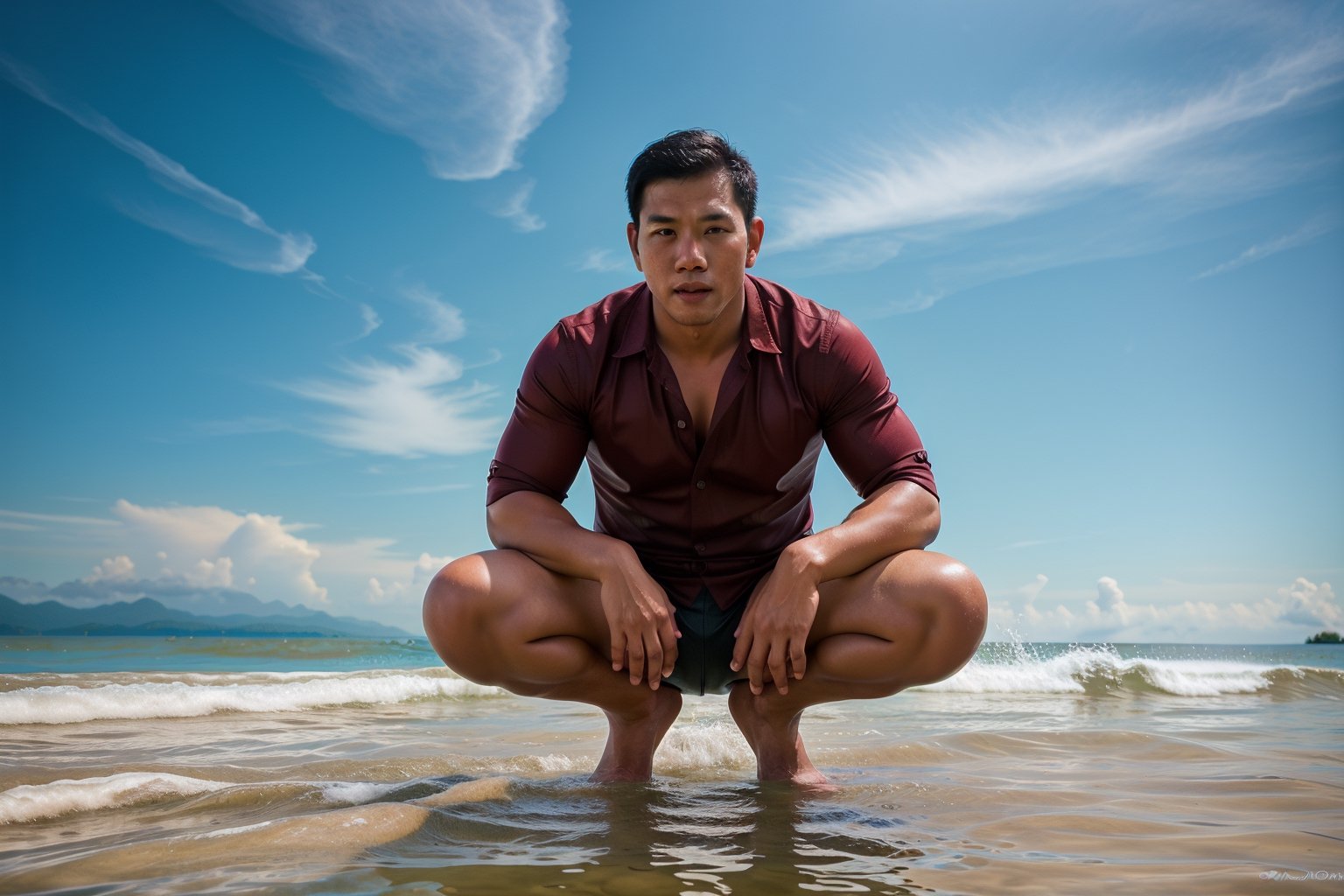 Realistic photography , Handsome Thai Men , Squatting in the sea