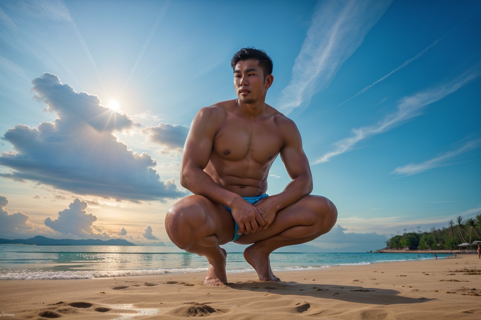 Realistic photography , Handsome Thai Men , Squatting in the sea