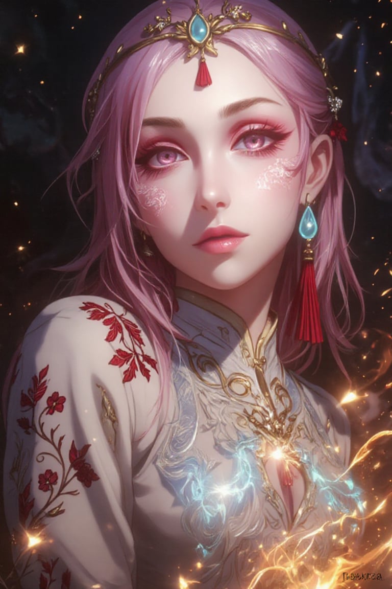 A digital illustration features a fantastical female character from the shoulders up,  set against a dark,  mystical backg...