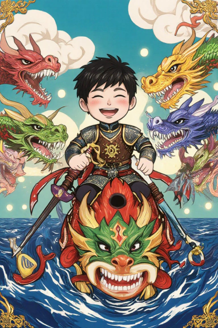 ha young boy in armor rides on seven dragon heads,  holding weapons and smiling happily,  surrounded by colorful auspiciou...