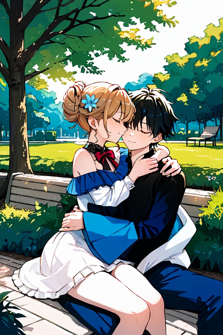 1Girl, 1boy Yuu,UraPan,UraBread, cuddling,sitting
,score_9,score_8_up,score_7_up,source_anime,outside,park,couple_(romantic),