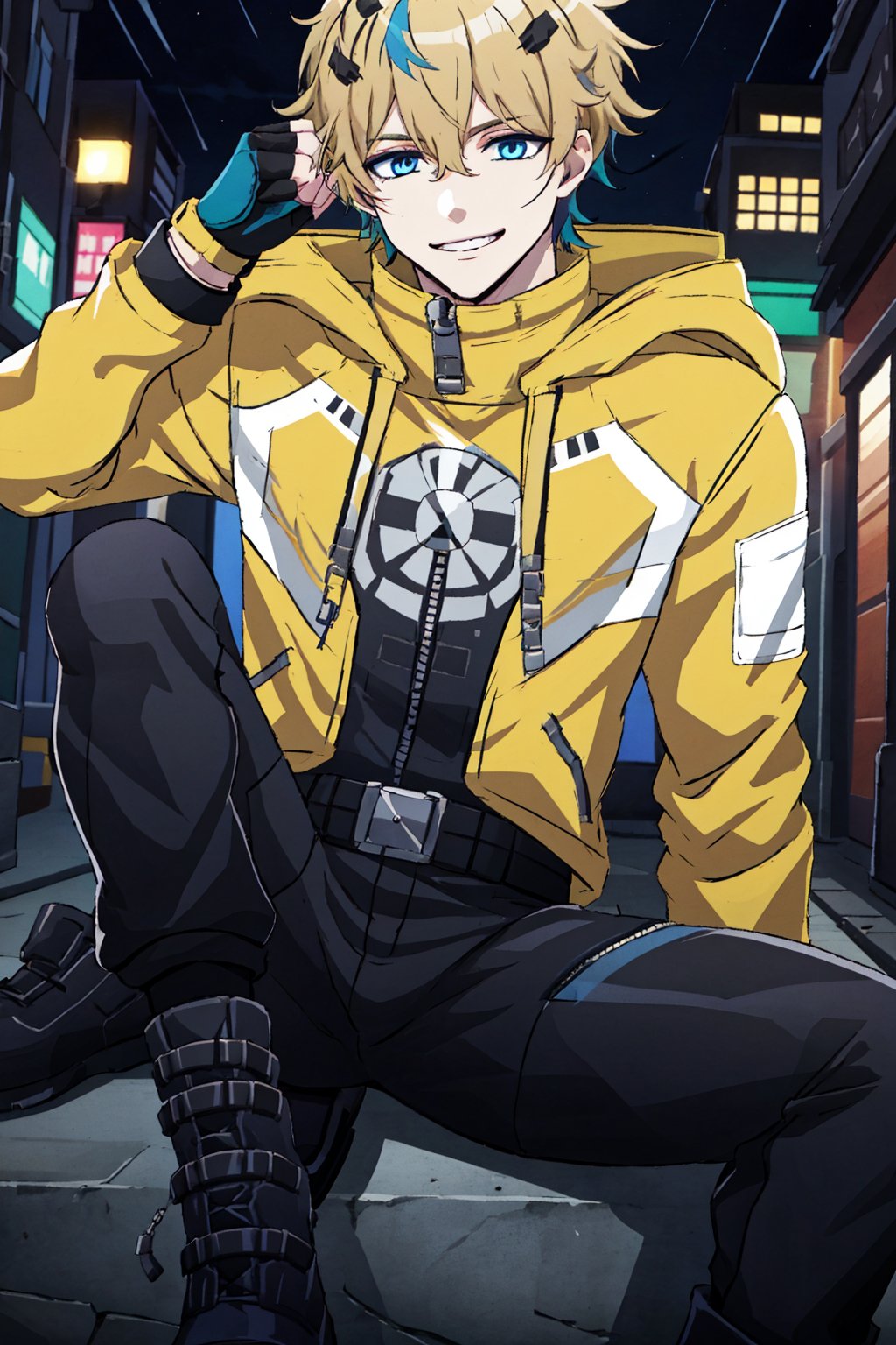 solo, looking at viewer, short hair, blue eyes, blonde hair, hair ornament,black gloves, 1boy, hair between eyes, jacket, male focus, multicolored hair, boots, pants, hood, fingerless gloves, black footwear, hoodie, black pants, zipper, yellow jacket, straight-on, yellow hoodie,outside,city,night,Zecadora,multicolored blue hair,smile,touch hair,