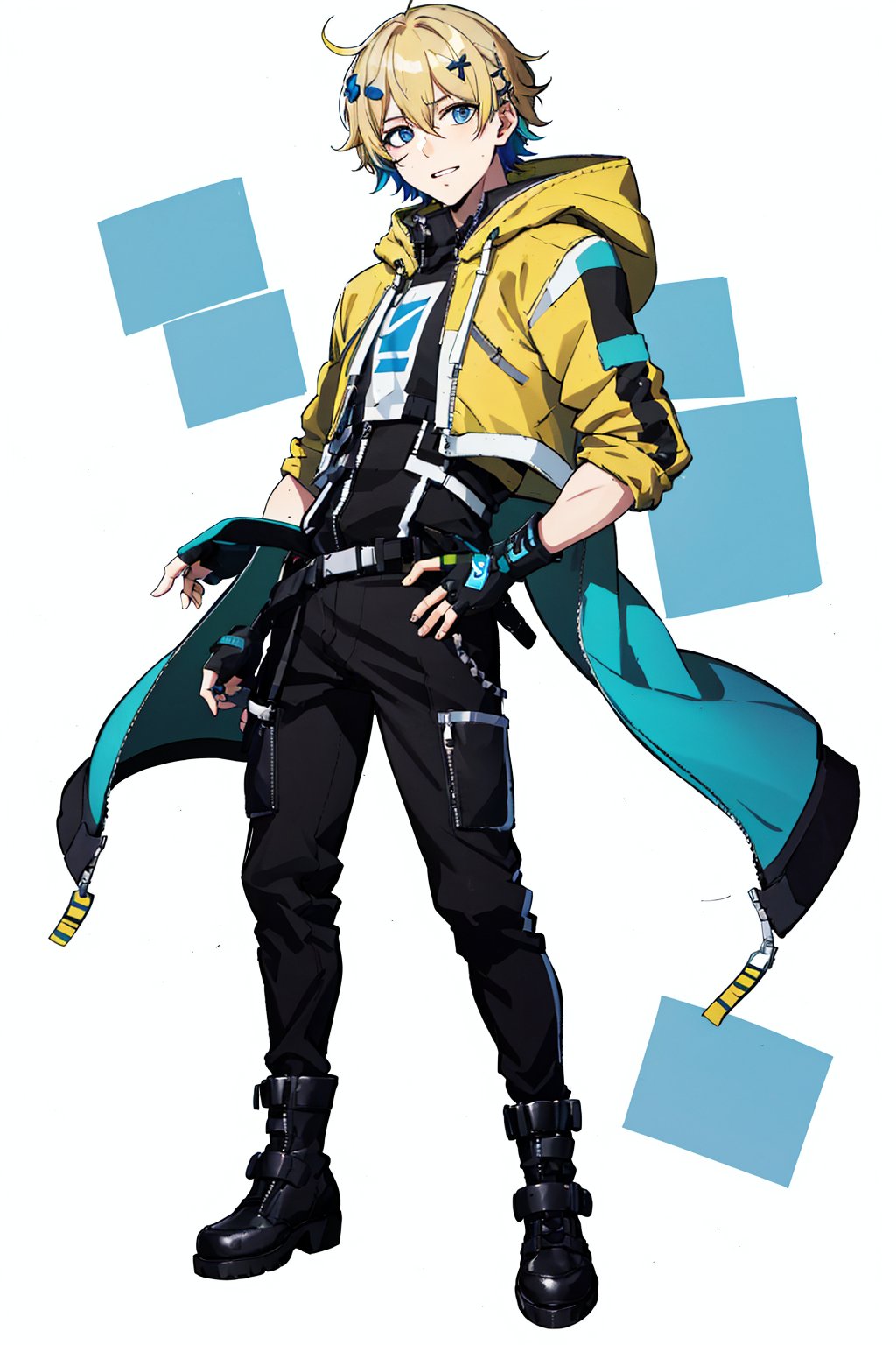 solo, looking at viewer, short hair, blue eyes, blonde hair, simple background, hair ornament, gloves, 1boy, white background, hair between eyes, jacket, full body, male focus, multicolored hair, boots, pants, virtual youtuber, hood, fingerless gloves, black footwear, hoodie, black pants, zipper, yellow jacket, straight-on, yellow hoodie,outside,Zecadora,multicolored hair,blue hair,