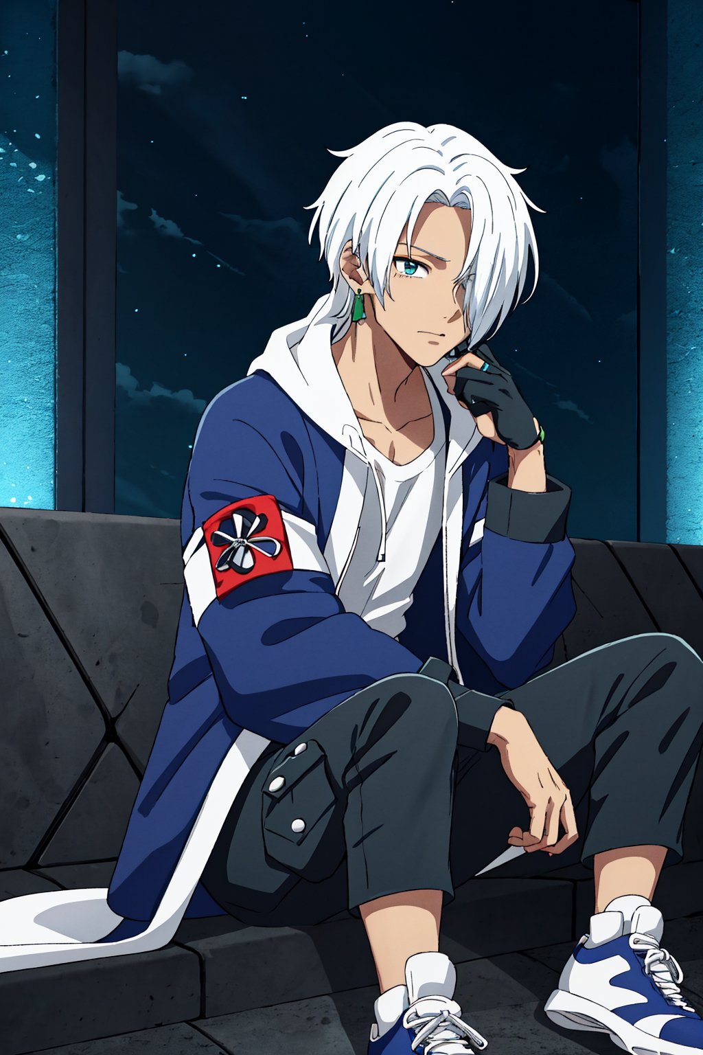 1boy,NaraShiranui,long hair,The boy has long, silver-white hair that falls over his shoulders and partially covers his face. His eyes are light blue and he has a serious yet attractive expression. His skin is fair. He wears a green earring in his left ear,long sleeves, jewelry, jacket, An anime boy with a very cool urban style. He wears a white and blue jacket, black and blue cargo pants, and sneakers. His outfit is super modern and stylish! It looks like something out of an action or cyberpunk anime,young boy,sitting,