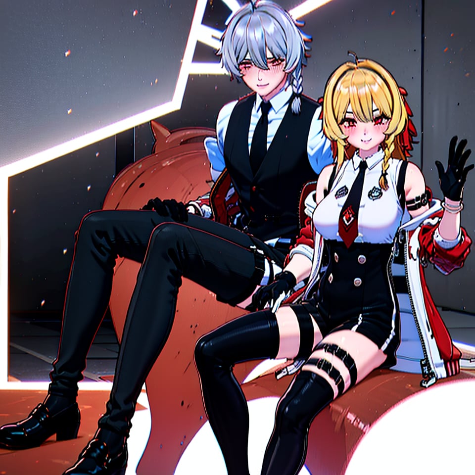 highly detailed, masterpiece, high quality, beautiful,couple,romance,smile, 1girl (long hair, breasts, blush, smile, bangs, blonde hair, shirt, red eyes, thighhighs, gloves), 1boy (sitting, jacket, braid, grey hair, necktie, shorts, black gloves, collared shirt, vest, thigh strap, white headwear, black pants, white jacket), mechanical arms,