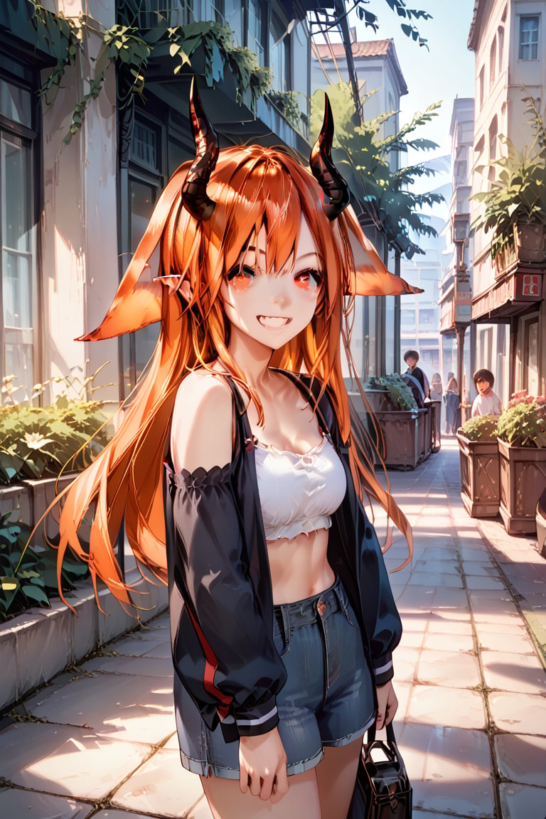 score_9, score_8_up, score_7_up, score_6_up, score_5_up, score_4_up,source_anime,BREAK, masterpiece, highly detailed, ultra quality, beautiful,ShadDGray,1girl,long hair,red hair,orange hair,demon horns,big animal ears,red eyes,dressed,casual,smile,casual clothes,focus solo, (foreground)