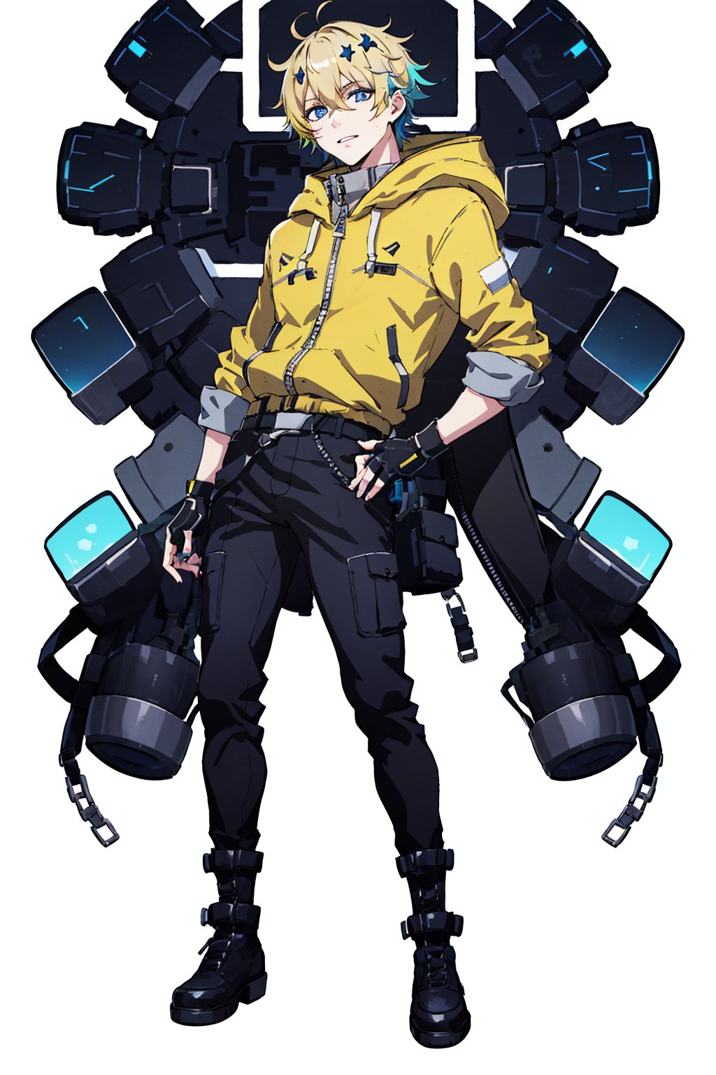 solo, looking at viewer, short hair, blue eyes, blonde hair, simple background, hair ornament, gloves, 1boy, white background, hair between eyes, jacket, full body, male focus, multicolored hair, boots, pants, virtual youtuber, hood, fingerless gloves, black footwear, hoodie, black pants, zipper, yellow jacket, straight-on, yellow hoodie,outside,Zecadora,multicolored hair,blue hair,