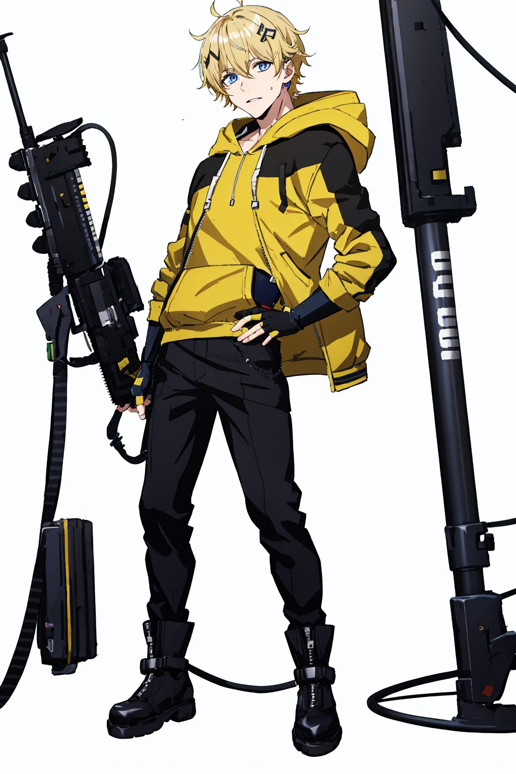 solo, looking at viewer, short hair, blue eyes, blonde hair, simple background, hair ornament, gloves, 1boy, white background, hair between eyes, jacket, full body, male focus, multicolored hair, boots, pants, virtual youtuber, hood, fingerless gloves, black footwear, hoodie, black pants, zipper, yellow jacket, straight-on, yellow hoodie,outside,Zecadora,